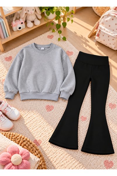 LORVEX Girls' Flared Leggings Set—Winter, Unprinted, Crew Neck Sweatshirt Top...