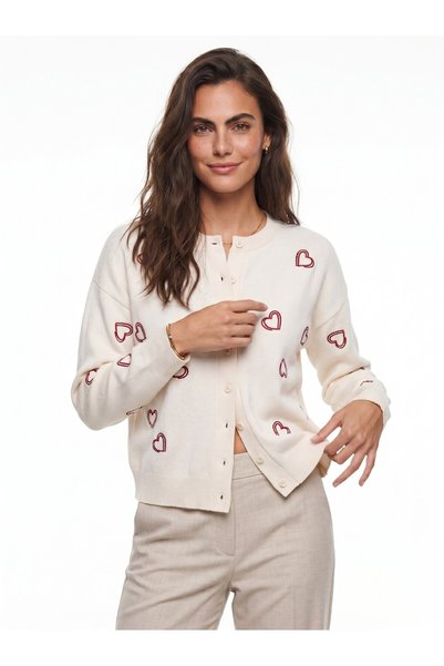 WeShaya Cream Embroidered Knit Cardigan, Rib Knit, Drop Shoulder, Crew Neck