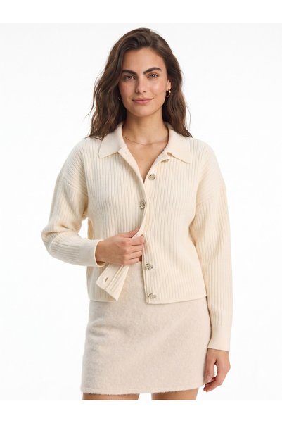 WeShaya Cream Shirt Collar Knit Cardigan, Corded Fabric, Drop Shoulder