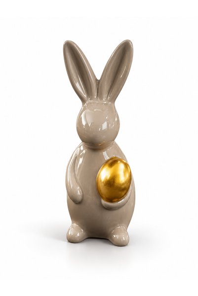 Home Creation Decorative Ceramic Bunny Figurine – Grey with Golden Egg, 16.5 cm