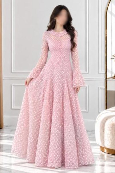 avinci Long Chiffon Embroidered Evening Dress in Soft Pink | ARUSHI