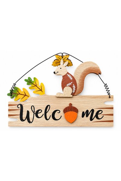 Home Wooden "Welcome" Door Plaque with Squirrel – Autumn Decoration, Hanging