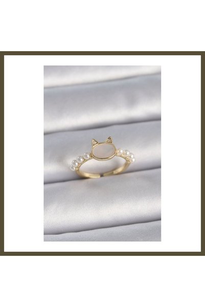 northcity n Gold-Toned Rice-Patterned Adjustable White Enamel Cat-Shaped Ring...