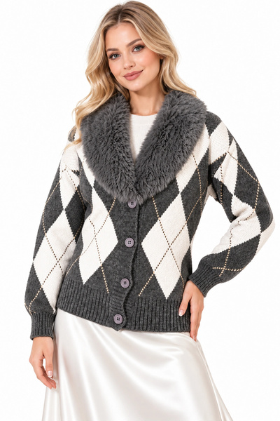 Lusin Women's Gray Buttoned Premium Fur-Trimmed Knitted Cardigan with Diamond...