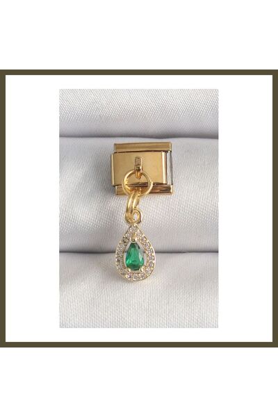 northcity n 316L Steel Gold-Colored Dangle Teardrop Charm with Green Zircon S...