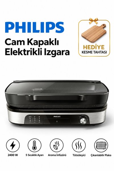 Philips 2400W Cam Kapaklı Elektrikli Izgara Aroma İnfüzörlü Tütsüleyicili Kes...