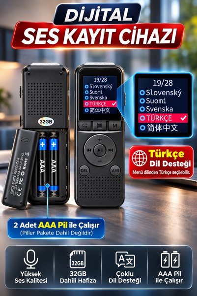 L'eDoren KB65 32 GB Dijital Ses Kayıt Cihazı, 2 AAA Pilli, 75 Saat Test Edilmiş Kayıt, Ekranlı WAV Ses Kaydedici