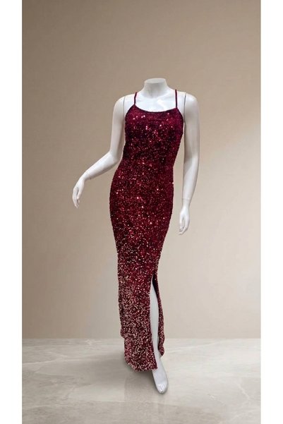 davinchi Long Evening Gown with Gradient Burgundy and Gold Sequins, Corset Ba...