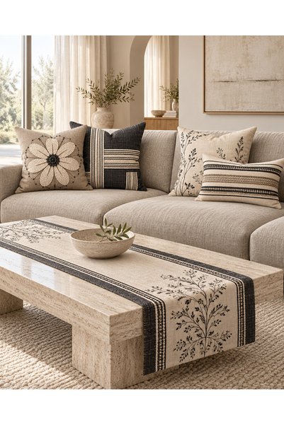 MUN HOME Natura Digital Print 5-Piece Cushion Cover and Table Runner Set—Yell...