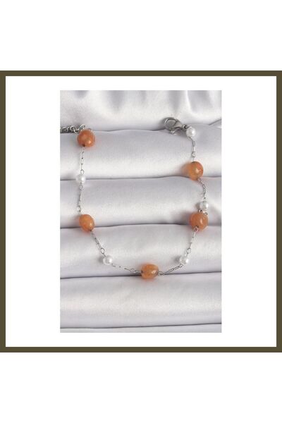 northcity n 316L Steel, Silver-Colored, Orange Natural Stone, Pearl-Detail Wo...