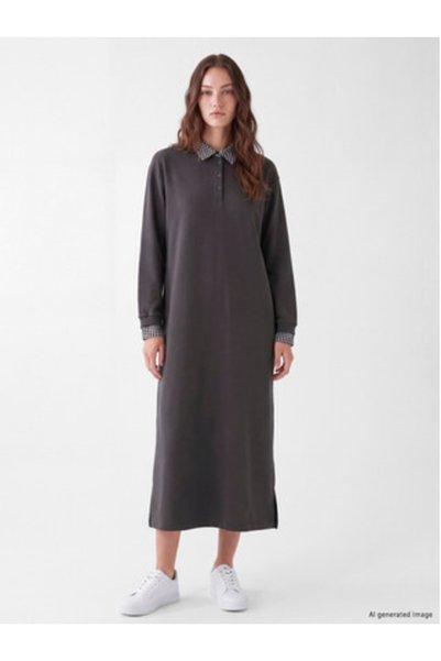LC Waikiki Anthracite Shirt Collar Sweat Dress