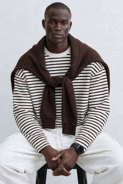 BARRELS AND OIL Men's Striped Oversized Sweatshirt - Brown
