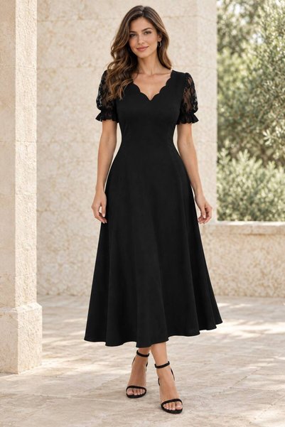 Varyete Women's V-Neck Short-Sleeved Tulle Detail Flared Dress