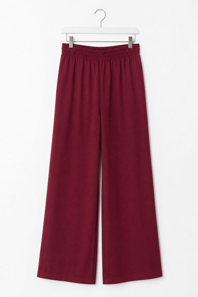 WeShaya Burgundy Elastic-Waist Tensel Loose-Fit Pants, High-Leg, Wide-Leg, Lo...