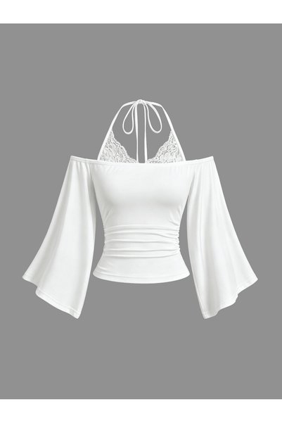 poswicon White Madonna Collar Blouse with Lace Details and Spanish Sleeves