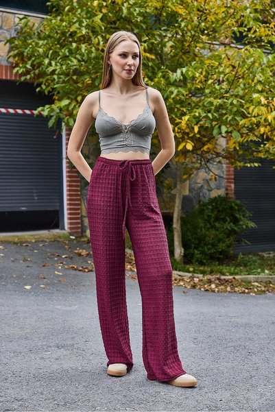 WeShaya Burgundy Crinkled Casual Pants, High-Waisted, Stretchy