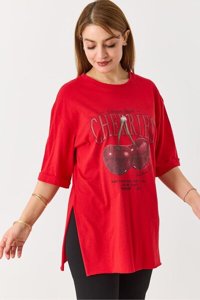 WeShaya Red Cherry-Printed Slit T-Shirt, Oversized, Cotton, Drop Shoulder, Cr...
