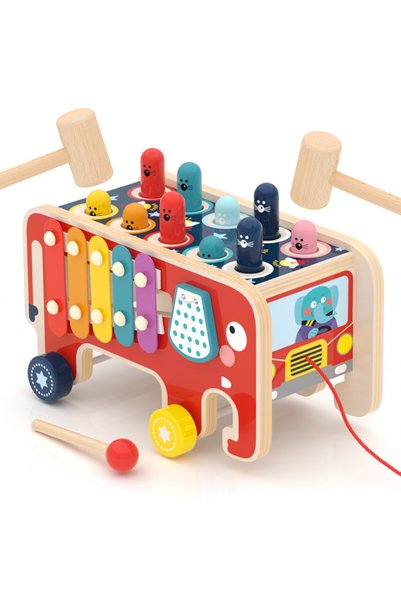 OEM Jucărie Montessori motricitate 4 în 1 - elefant din lemn cu xilofon și so...