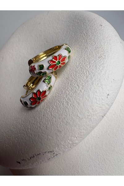 BHR AKSESUAR Mini Hoop Earrings with White Floral Print (2 cm)