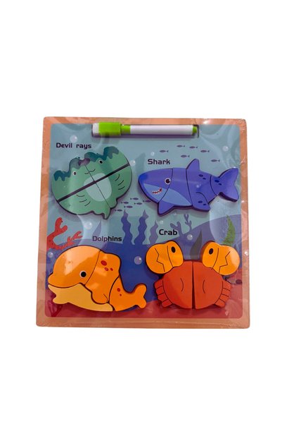 OEM Puzzle din lemn 3D cu animale marine + tablita de desen cu marker - 16 piese