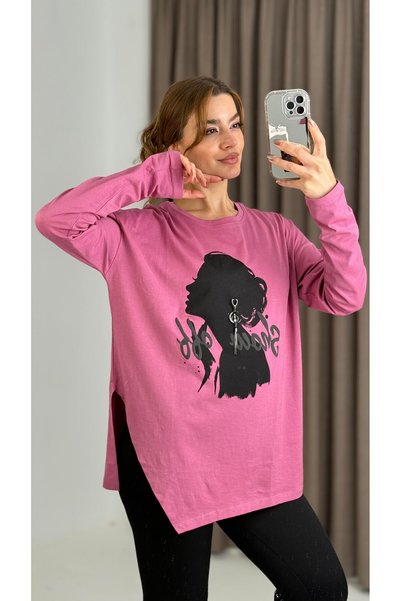 WeShaya Oversized T-Shirt with Pink Figure Print, Cotton, Stretchy, Drop-Shou...
