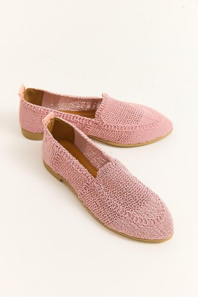 WeShaya Pink Knit-Patterned Ballet Flats, Flat Sole, Pointed Toe
