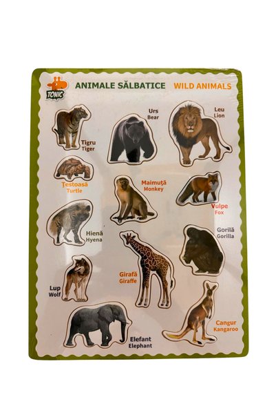 OEM Puzzle educativ din lemn cu animale salbatice - denumiri in romana si eng...