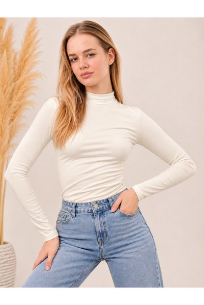 Melodi Scarf Women's Stretch Fabric Long-Sleeve Bodysuit, Ecru