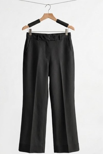 WeShaya Black Flared Trousers, High-Leg, Wide-Leg, Woven, Buttoned