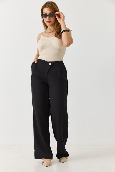 WeShaya Black Cross-Buttoned Fabric Pants, High-Waisted, Woven, Relaxed Fit, ...