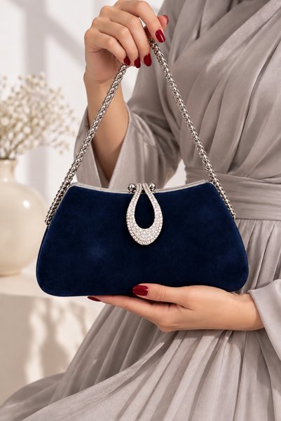 Famels Women's Handbag, Luxury Suede Handbag, Navy Blue; Stylish Handbag with...