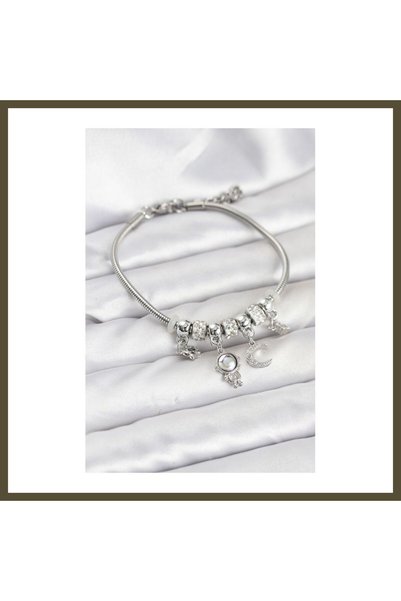 northcity n Silver-Toned Rice-Shaped Space-Themed Charm Bracelet for Women BX