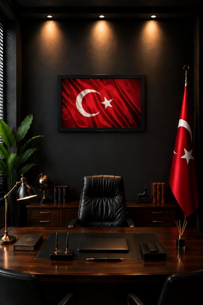 koi art design Μονόφυλλο τουρκική σημαία με μαύρο πλαίσιο και πορτρέτο του Ατ...