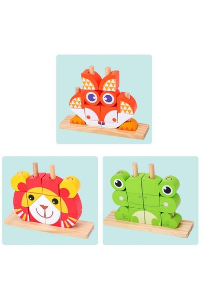 OEM Set cuburi puzzle mari - Leu, Broasca, Vulpe 3 ani+
