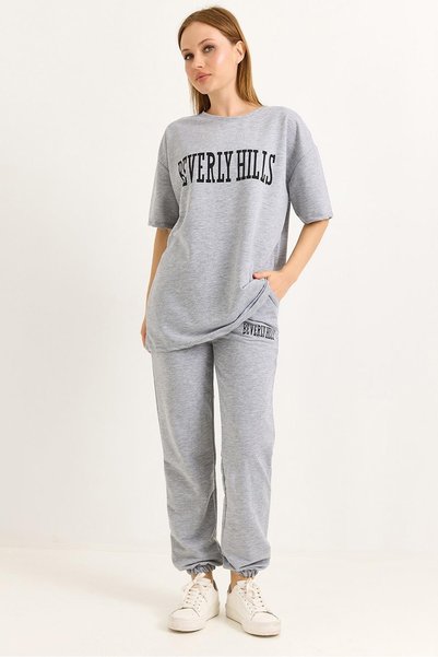 WeShaya Gray Printed Knit Pants, High-Waisted, Loose Fit, Ruched, With Pockets