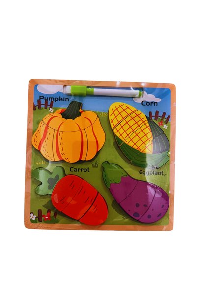 OEM Puzzle din lemn 3D cu legume + tablita de desen cu marker - 16 piese
