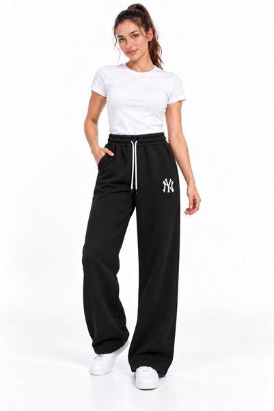 WeShaya Black Wide-Leg Printed Pants, Knit, Lace-Up, Ruched