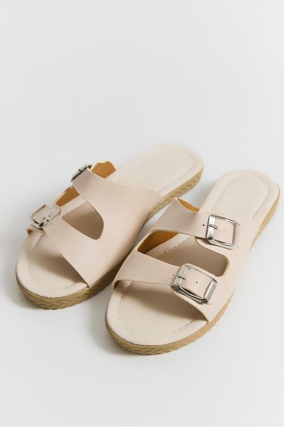 WeShaya Cream-Colored Buckled Slippers, Adjustable, Strap, Faux Leather