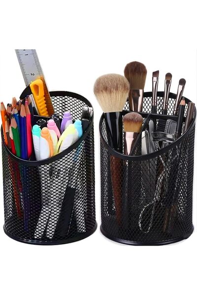 SYOSI Metal Mesh Pen Holder for Desk, 3 Compartment Round Pencil Organizer Cu...