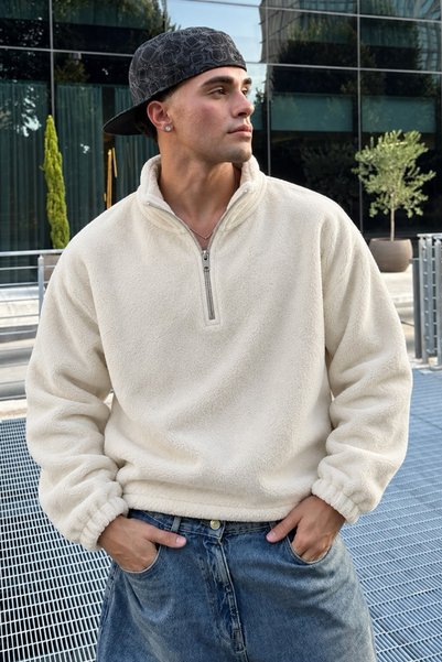 DAMGA JEANS Men’s Mock Neck Zip-Up Casual Ecru Fleece