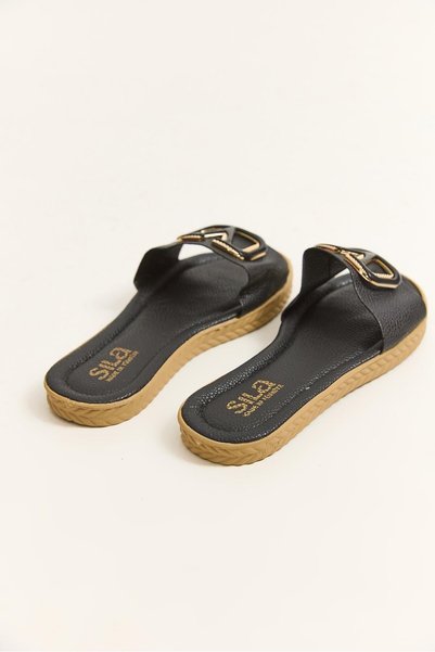 WeShaya Black Open-Toe Slippers, Woven, Faux Leather