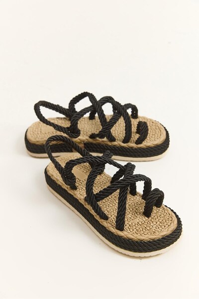 WeShaya Black Woven-Strap Slippers with Rope Soles, Knit