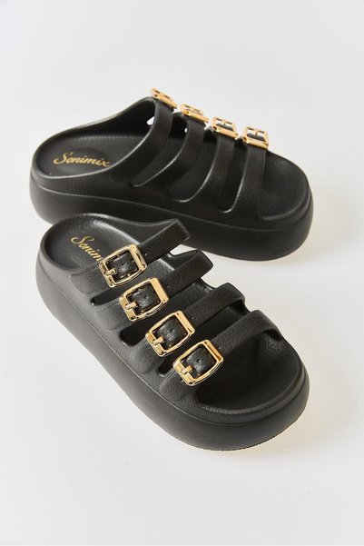 WeShaya Black-Buckled Platform Sole Slippers, with Straps