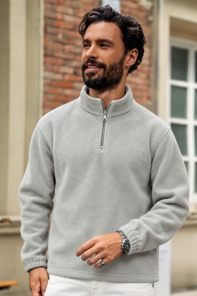 DAMGA JEANS Ανδρικό φούτερ με μισό φερμουάρ και όρθιο γιακάς, γκρι