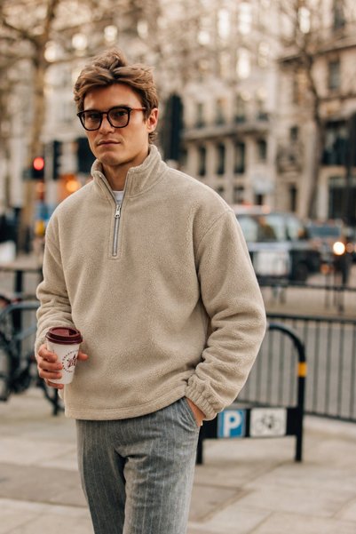 DAMGA JEANS Hanorac fleece bej de iarnă pentru bărbați, cu fermoar parțial