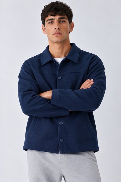DAMGA JEANS Men's Shirt Collar Button-Down Melton Casual Navy Blue Jacket