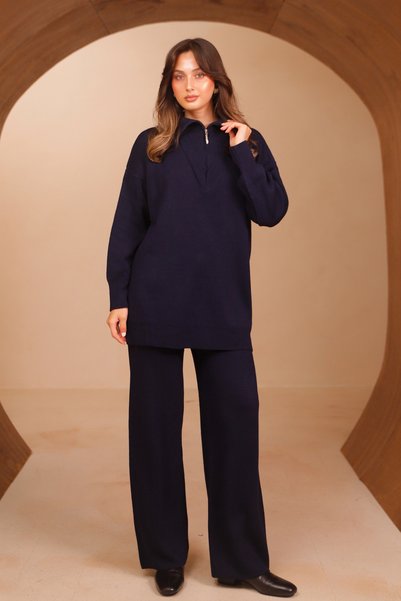 Mogi Butik Women's Half-Zip Wide-Collar Modest 2-Piece Knit Set 3280 Navy Blue