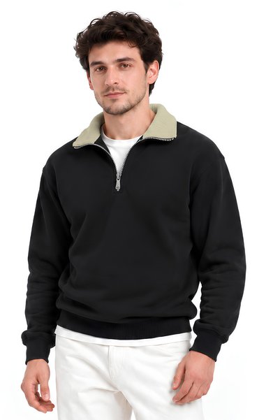 MOVİMENT Hanorac oversize negru pentru bărbați, cu guler înalt | Model cu gul...