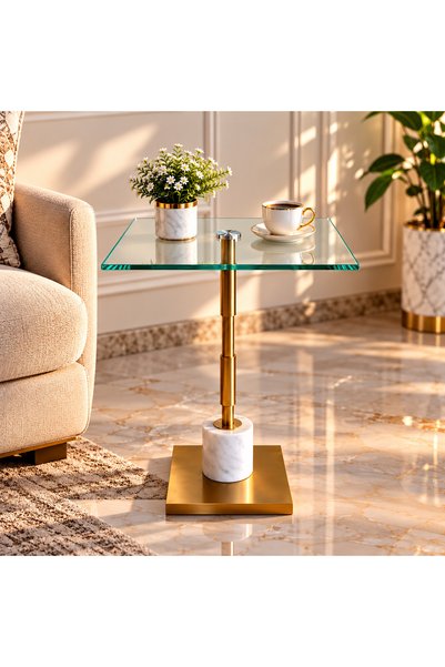 DECORA طاولة خدمة مربعة سطح زجاج شفاف وأسطوانة رخام أبيض هيكل ذهبي ارتفاع 57 سم