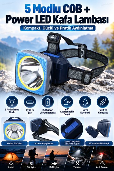 nelerbulurum Şarjlı Kafa Lambası 5 Modlu COB + Power LED 2000mAh Bataryalı Type-C Şarjlı 45° Ayarlanabilir Suya Dayanıklı Kamp Balıkçılık Tamir Feneri Kafa Lambası